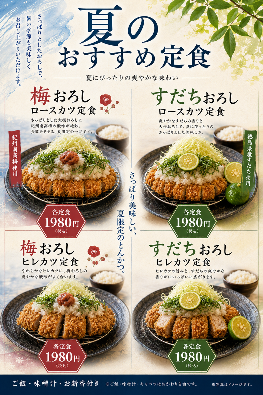夏限定・梅とすだちでさっぱり仕上げたとんかつ販売